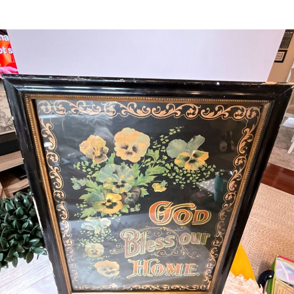 Incredible Antique God Bless Our Home Framed Print, flowers black frame - Picture 4 of 9